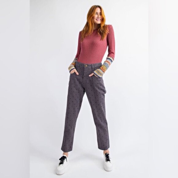 Easel Polka Dot Garment Dyed High Waisted Straight Leg Pants New Small Ash Black - Picture 3 of 11